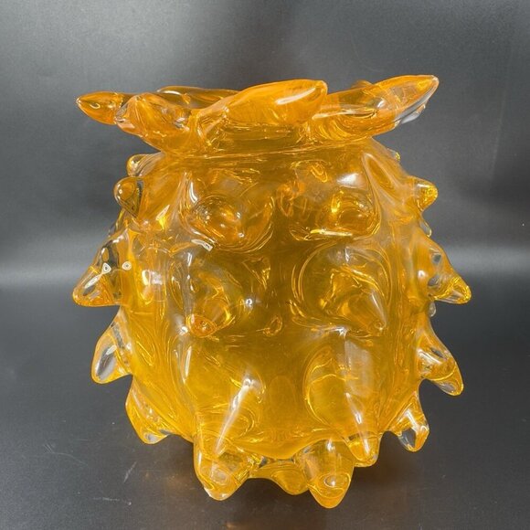 Brutalist Lazy Susan Amber Art Glass Thorn Vase Heavy Glass Vase Vessel Decor - Picture 13 of 16